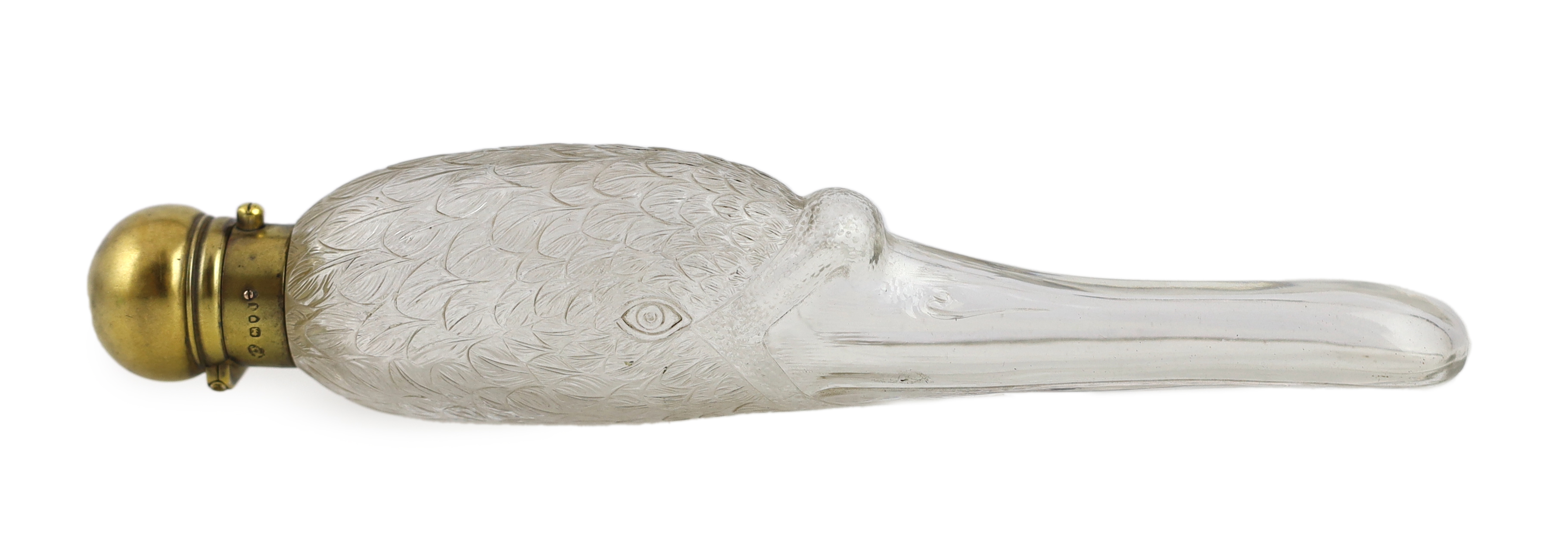 A Victorian silver gilt mounted moulded glass scent bottle, the glass body modelled as the head of a swan, by Walter Thornhill